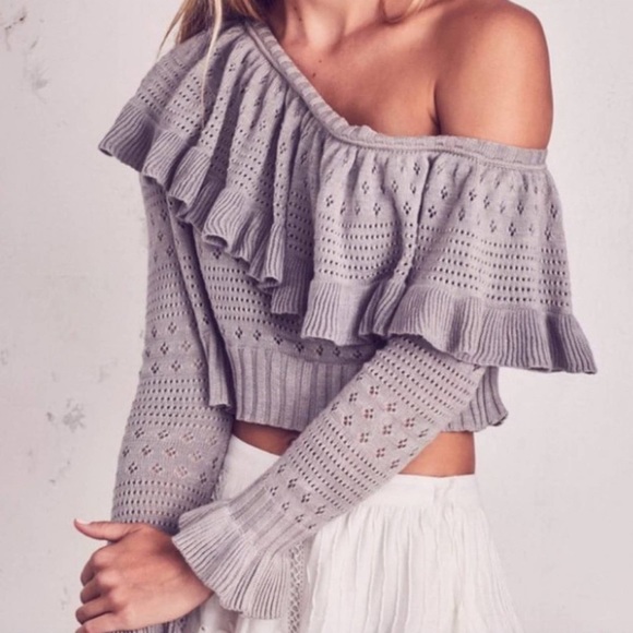 LoveShackFancy Gray Off-the-Shoulder Sweater - Picture 1 of 5